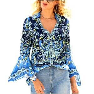 Boston Proper Blue Paisley Floral Bell Sleeve Button Front Blouse Boho Top Small